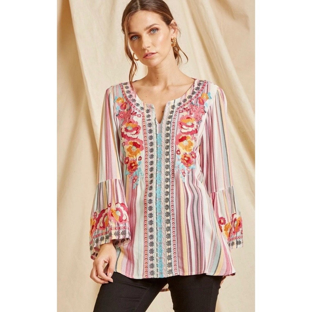 Savanah Jane Embroidered Peasant Blouse Womens M Multicolor Boho Bell Sleeve